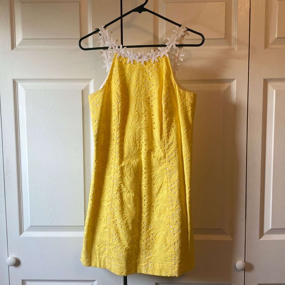 yellow eyelet lace dress with white daisy lace straps by Lilly Pulitzer